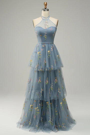 Halter A Line Tulle Prom kjole med broderi